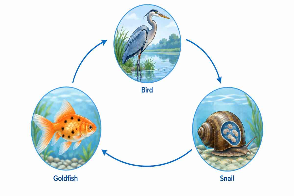 Life cycle diagram of black spot disease moving between bird, snail, and goldfish.