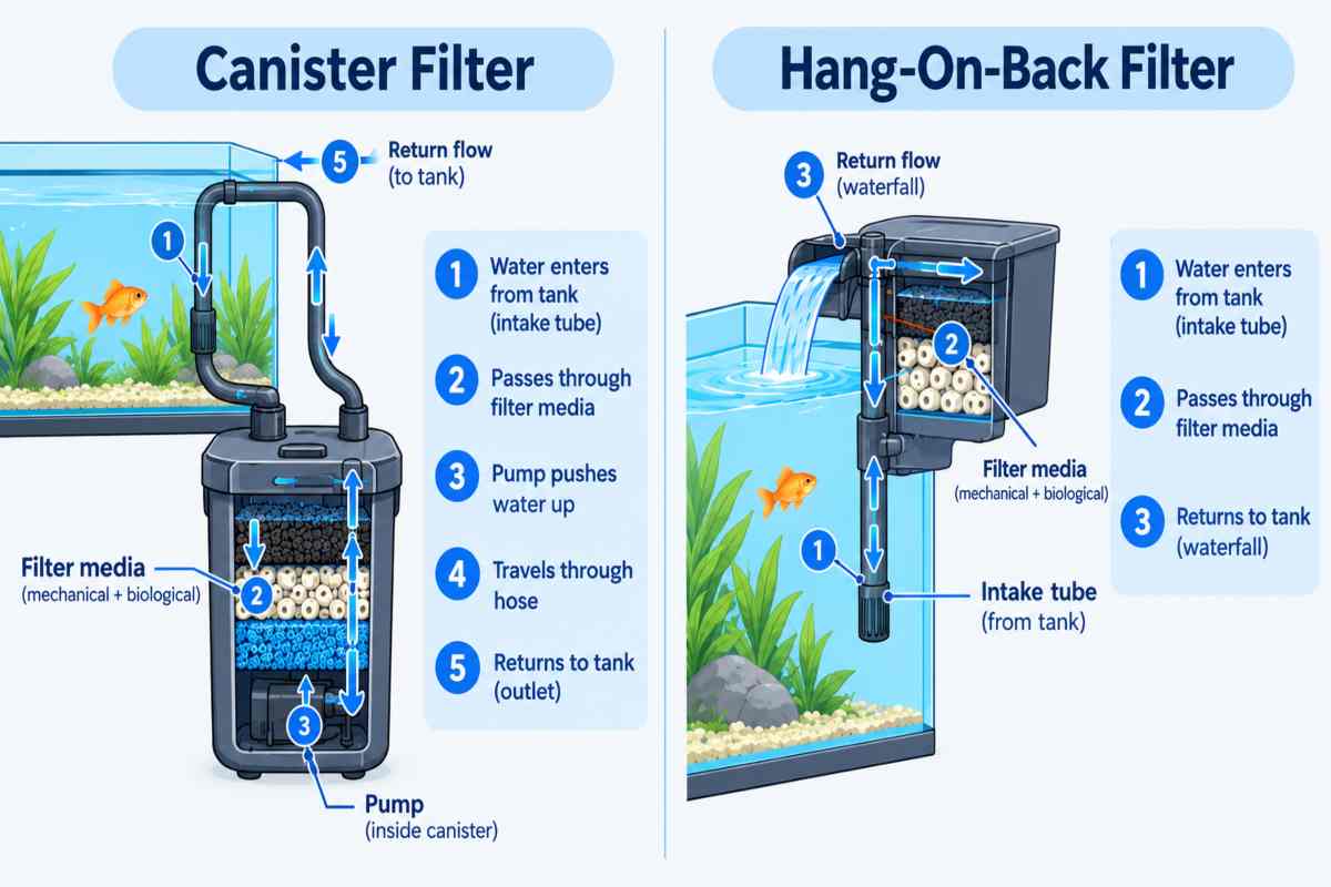 Comparison illustration of a canister filter and hang-on-back filter with water flow labeled.