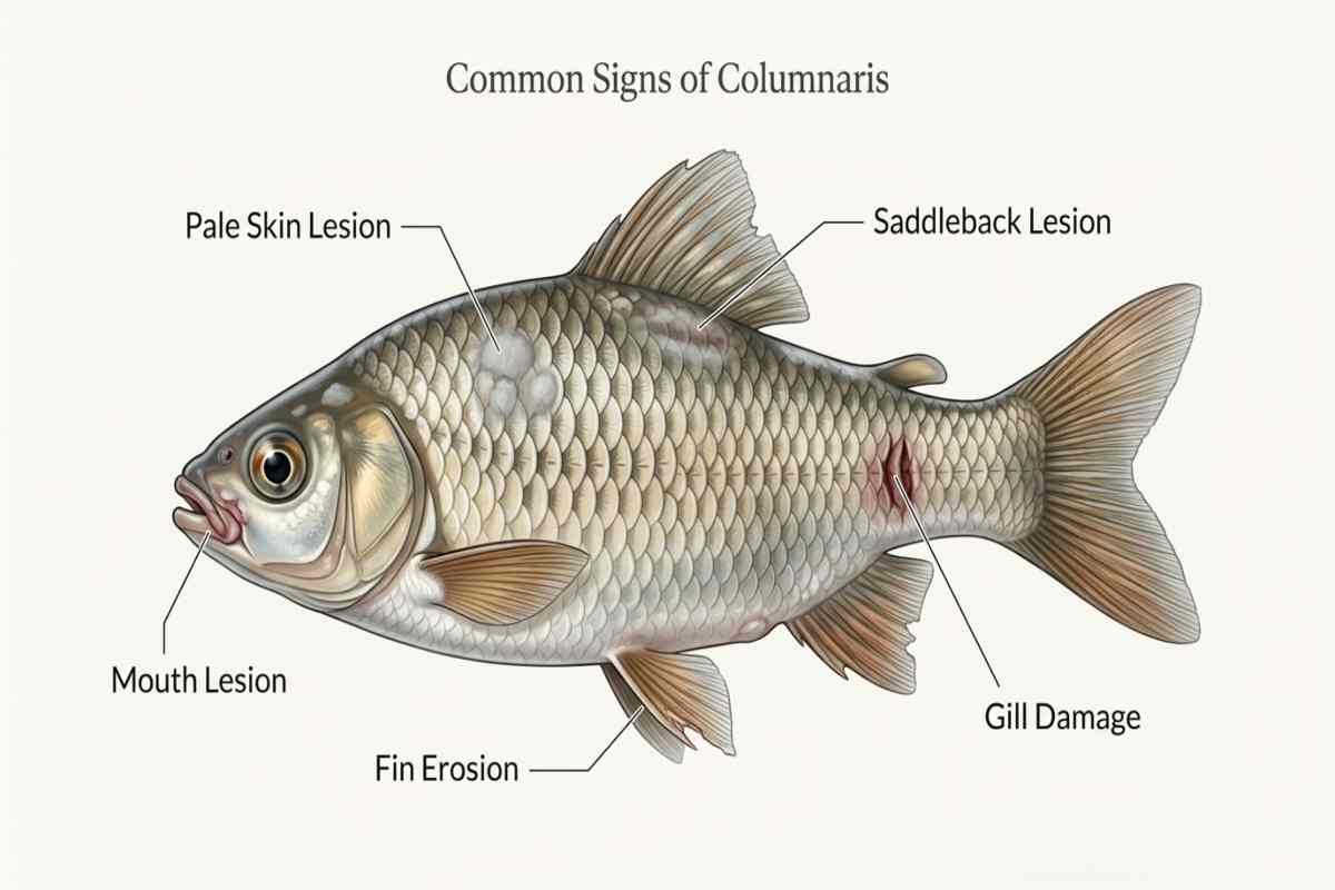 Columnaris symptoms on a freshwater fish diagram