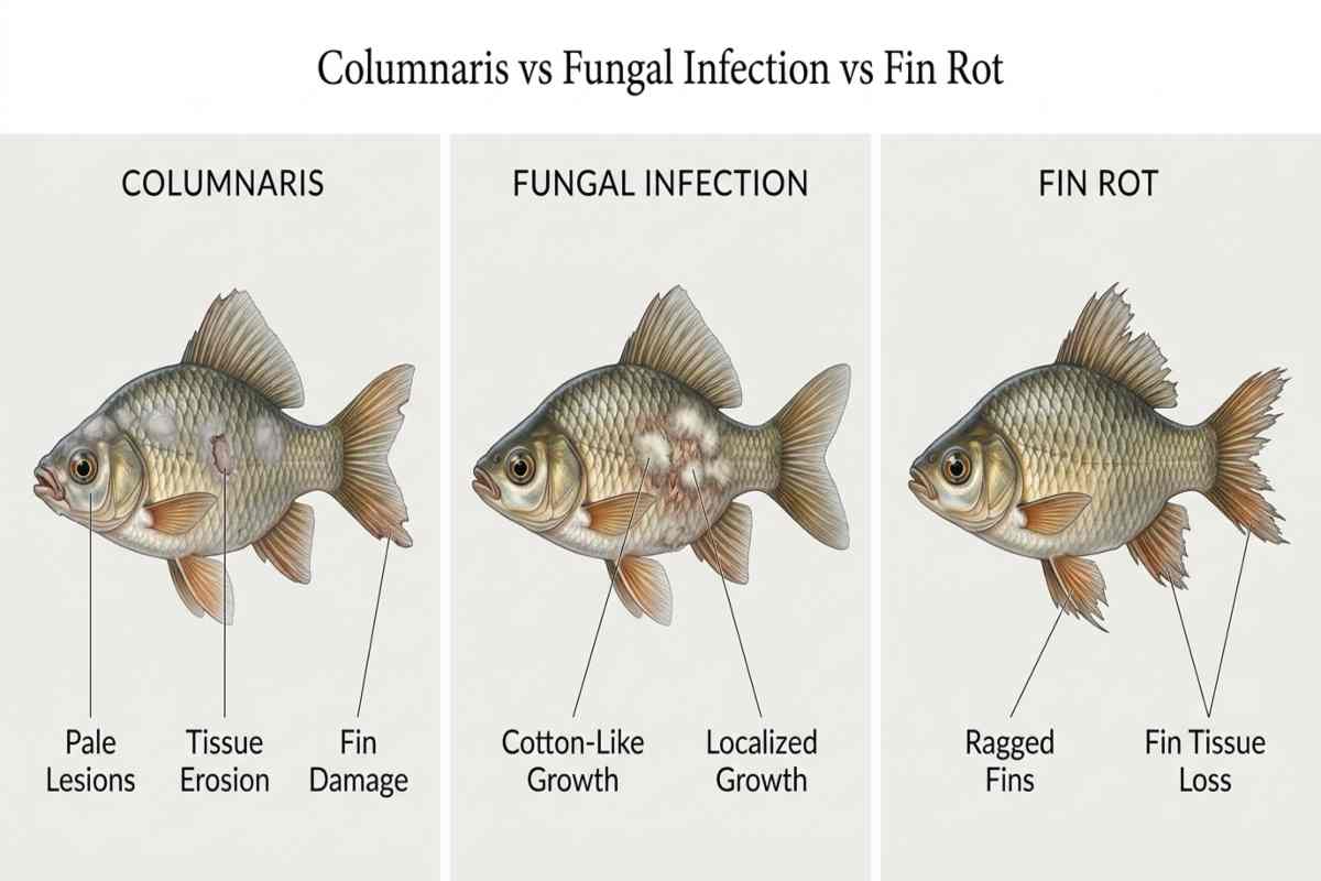 Columnaris, fungal infection and fin rot comparison