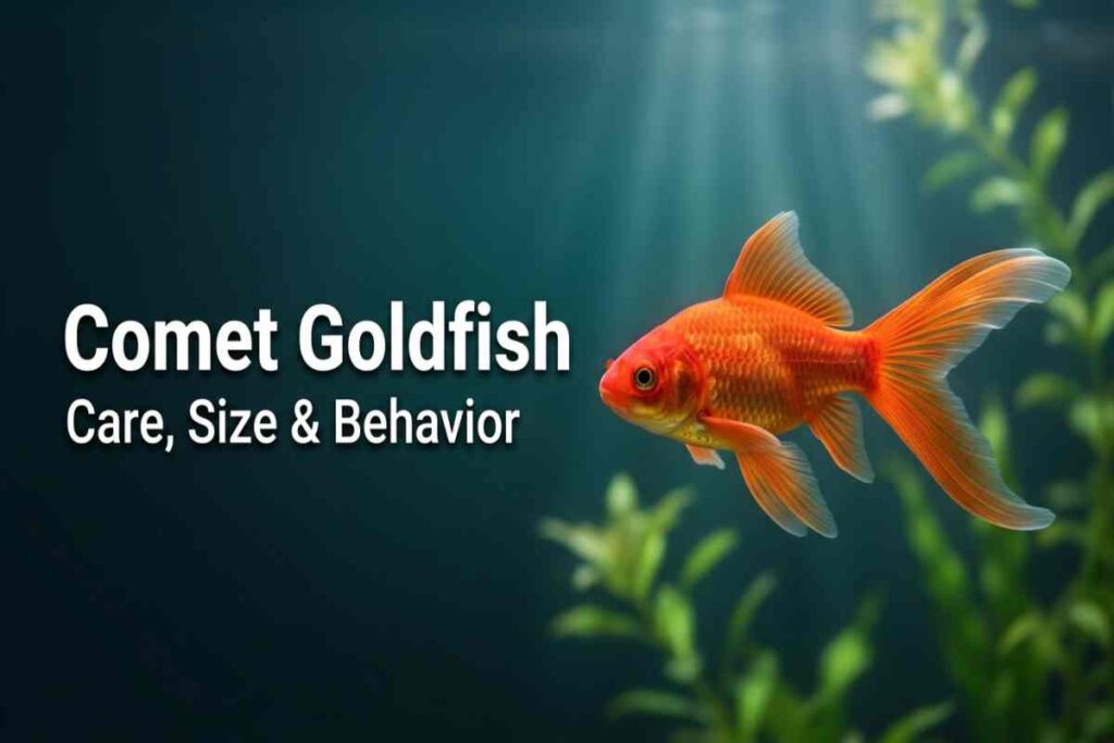 Orange comet goldfish with a long forked tail swimming
