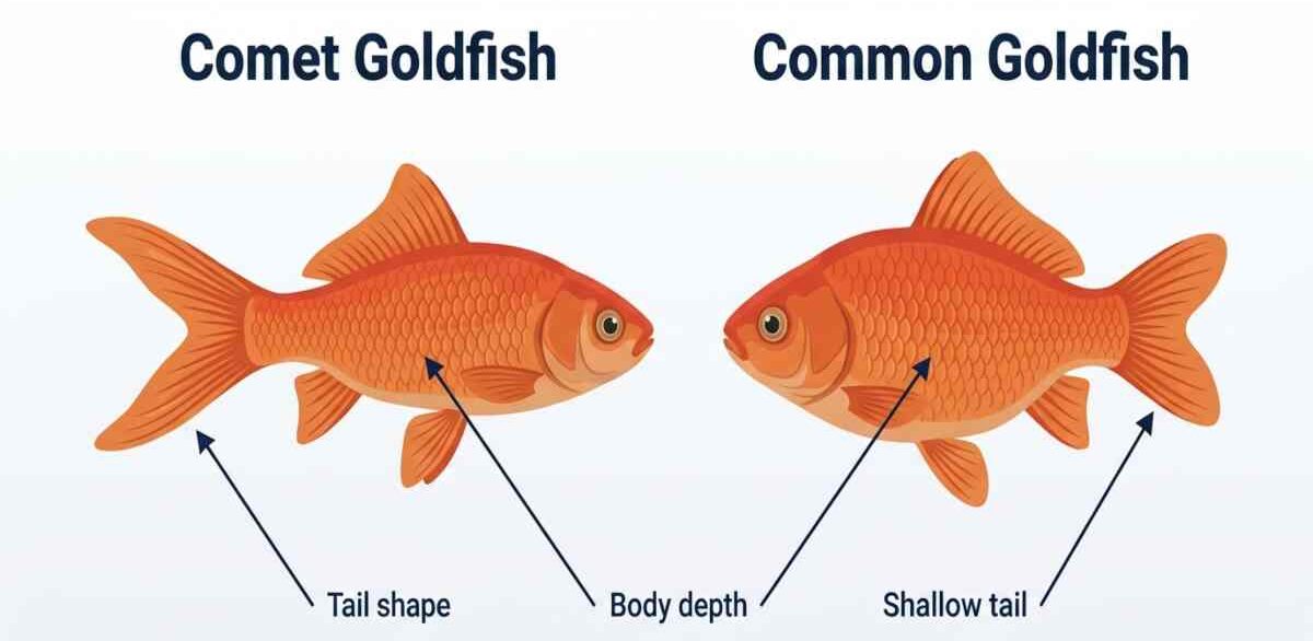 Comet and common goldfish compared by tail and body shape