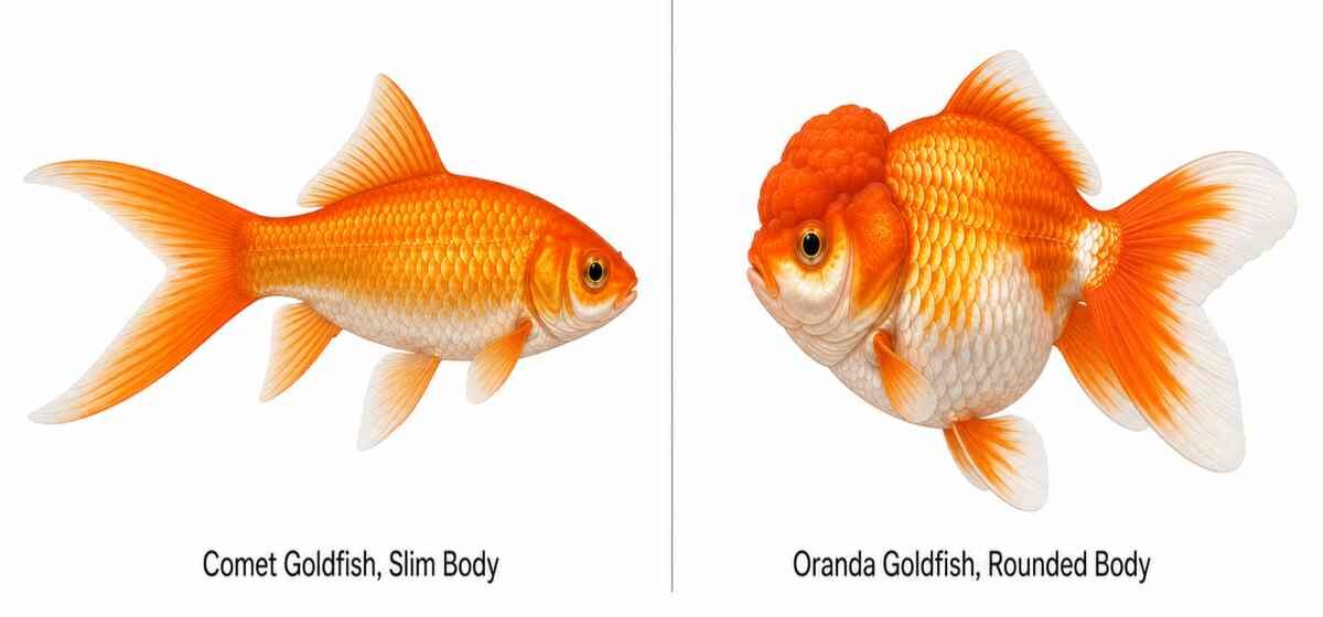 Side-by-side comparison of a slim comet goldfish and a rounded oranda goldfish with a head wen.