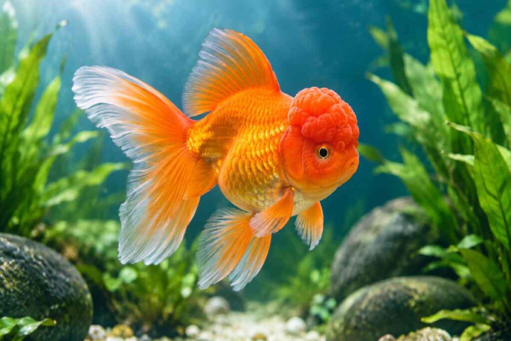 Fancy orange goldfish swimming in a clean, planted freshwater aquarium.
