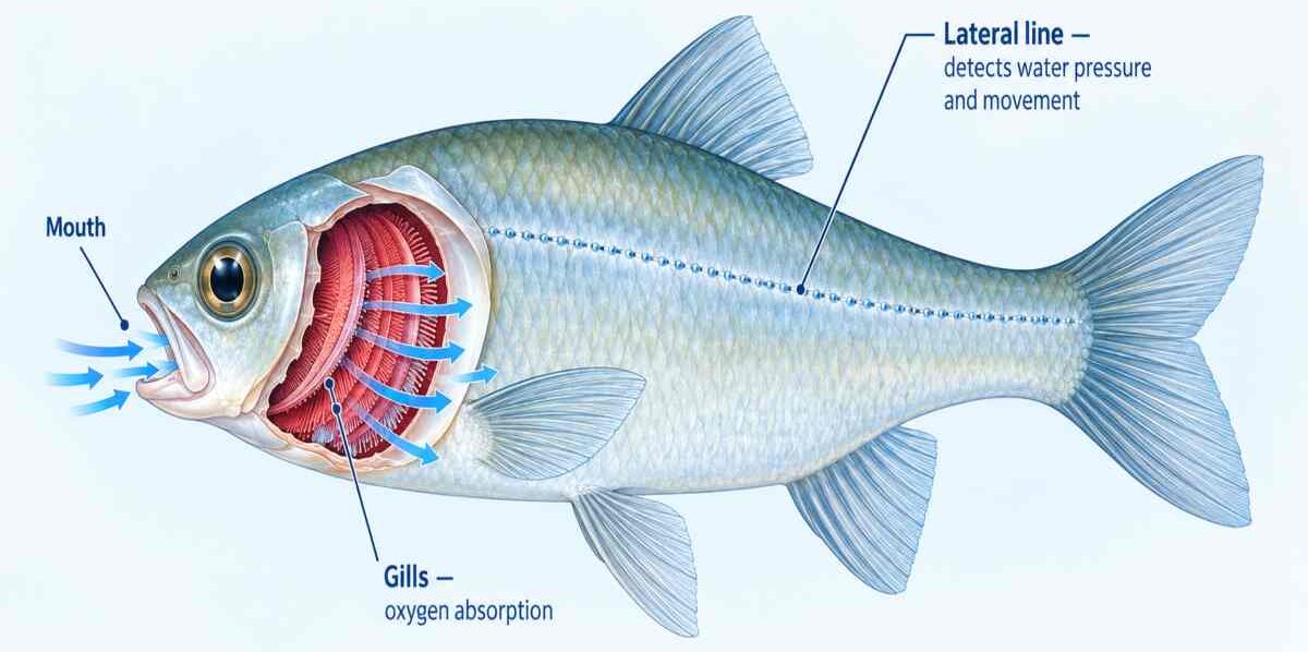 Labeled illustration of a fish's gill and lateral line anatomy showing oxygen absorption and water-pressure sensing.