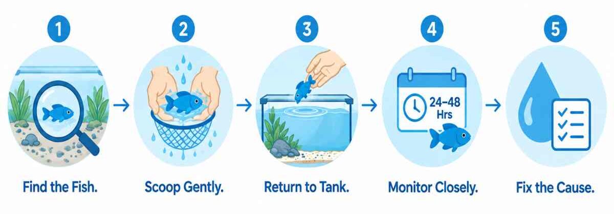 Five-step process flow for recovering a fish that jumped out of the tank.