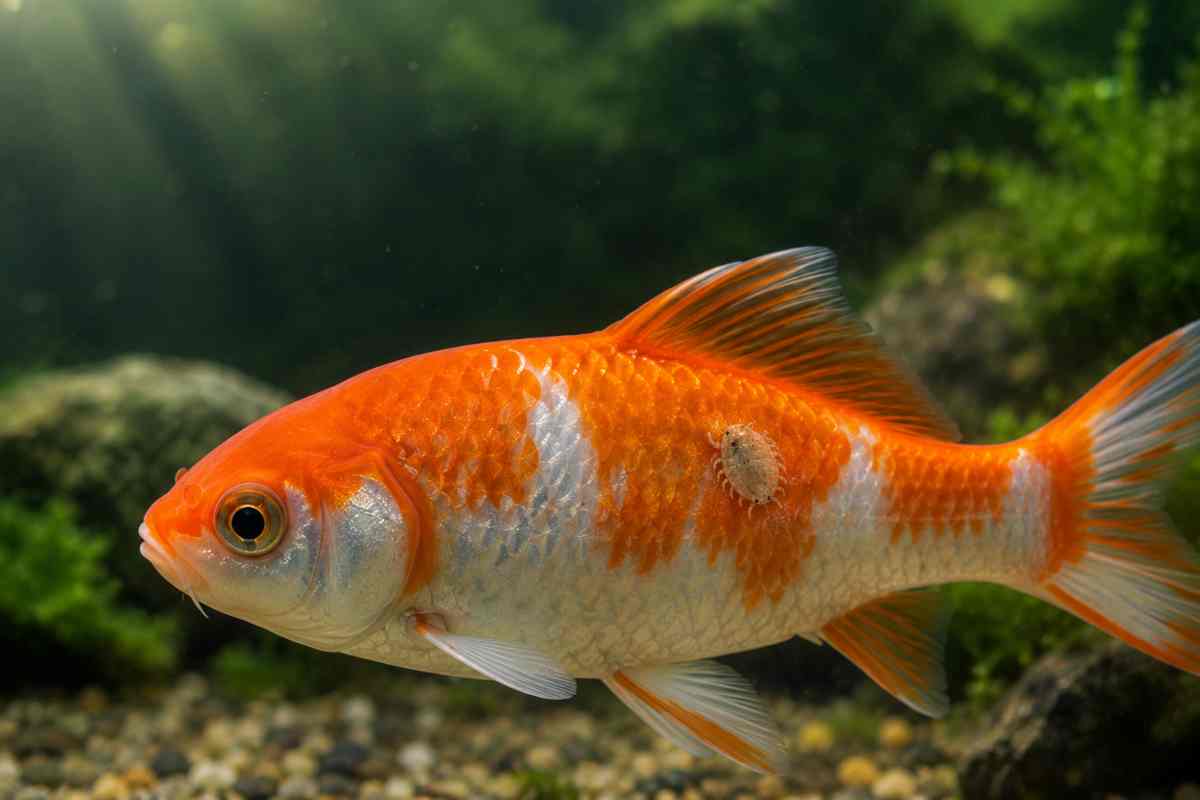 A fish louse parasite attached to the flank of a koi, illustrating fish lice identification and treatment.