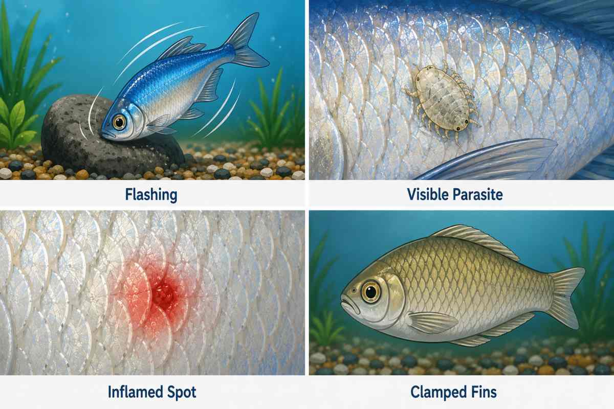 Infographic showing four signs of fish lice: flashing, visible parasite, inflamed spot, and clamped fins.