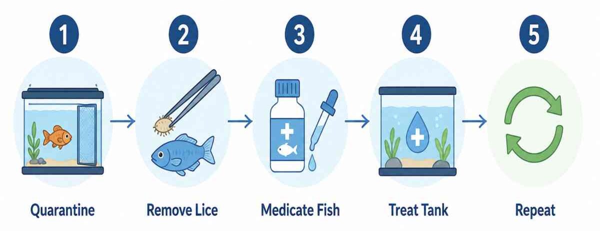 Five-step process flow for treating fish lice: quarantine, remove lice, medicate, treat tank, repeat.