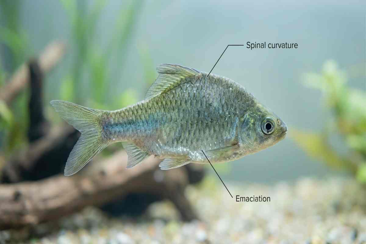 Freshwater fish with a curved spine and sunken belly, signs of chronic fish tuberculosis.