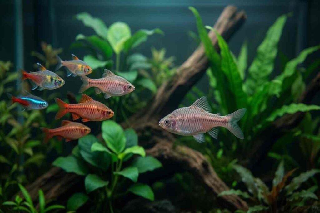 A visibly thin, spine-curved freshwater fish isolated from healthy tankmates in a planted aquarium.