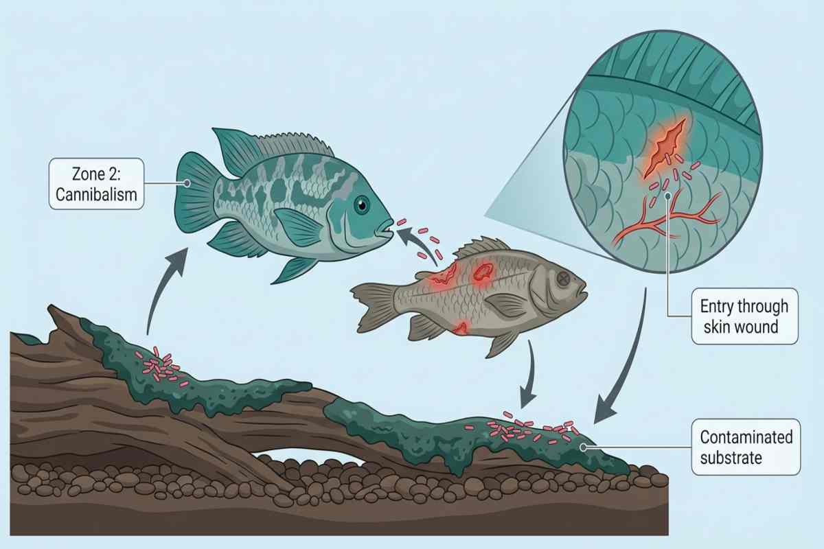 Diagram of fish tuberculosis spreading in an aquarium through substrate, cannibalism, and skin wounds.