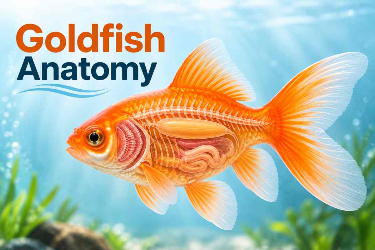 Featured image titled "Goldfish Anatomy" showing a goldfish with translucent internal skeleton, swim bladder, and intestines visible.