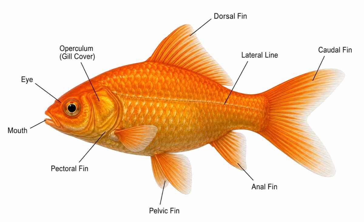 Labeled anatomy diagram of a common goldfish showing the eye, mouth, operculum, pectoral fin, pelvic fin, dorsal fin, lateral line, anal fin, and caudal fin.