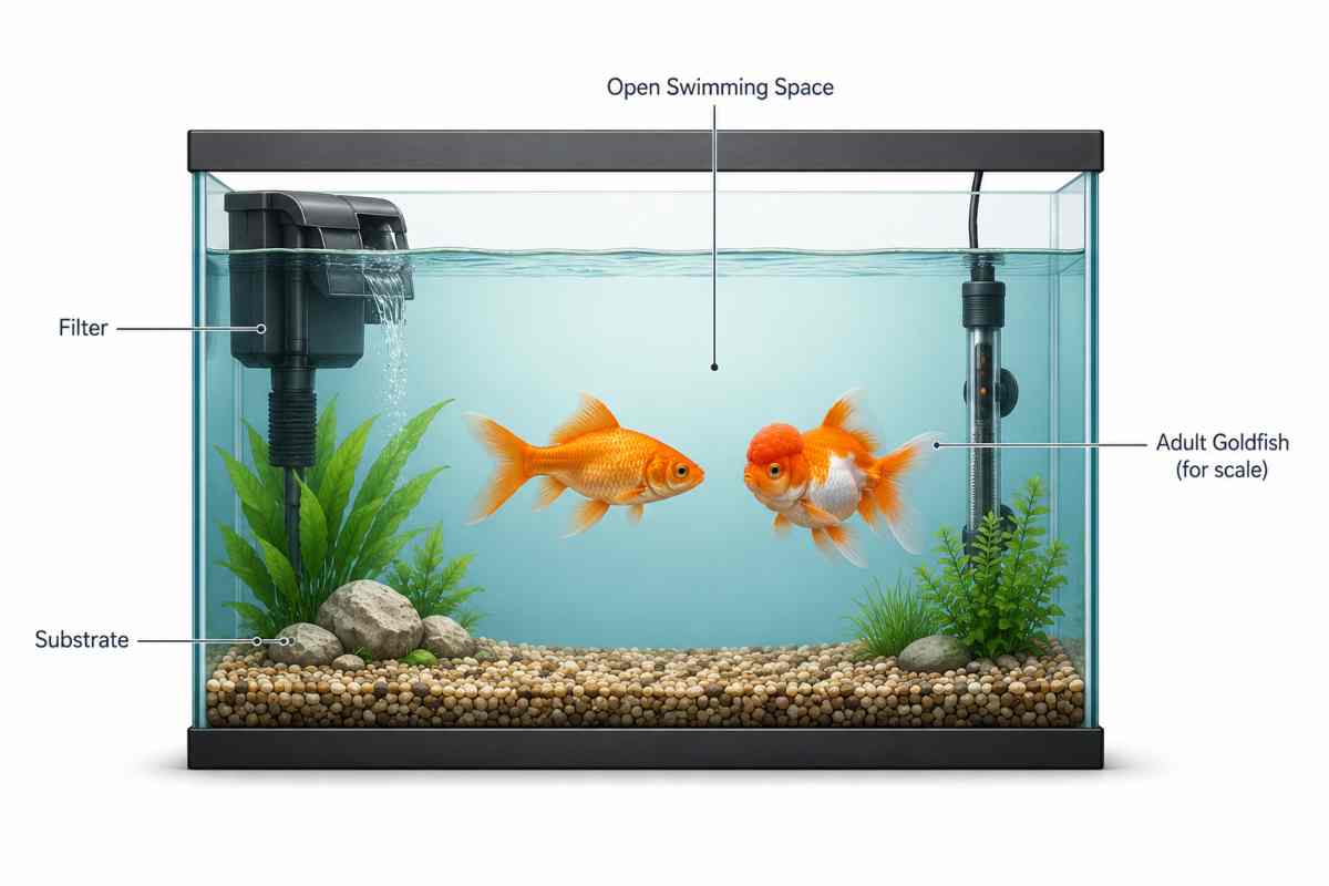 Labeled goldfish aquarium diagram showing filter, substrate, and open swimming space.