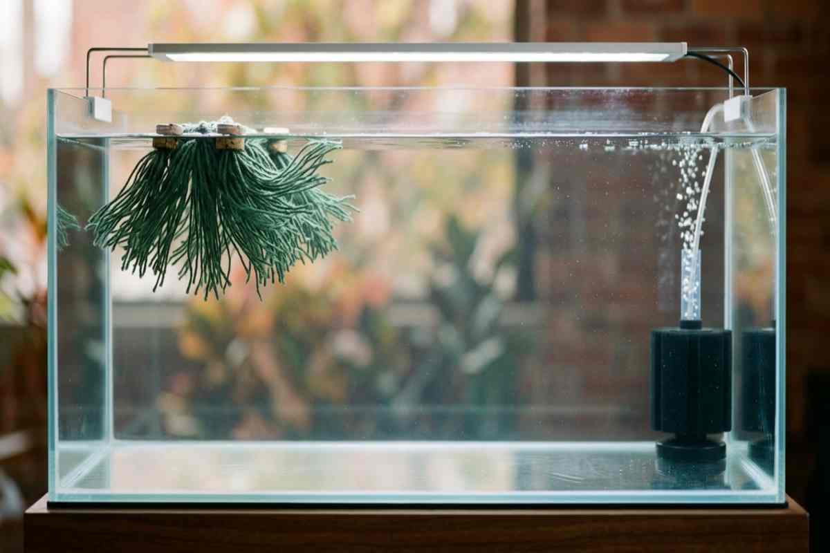 Goldfish breeding tank with a floating spawning mop, sponge filter, and bare glass bottom.
