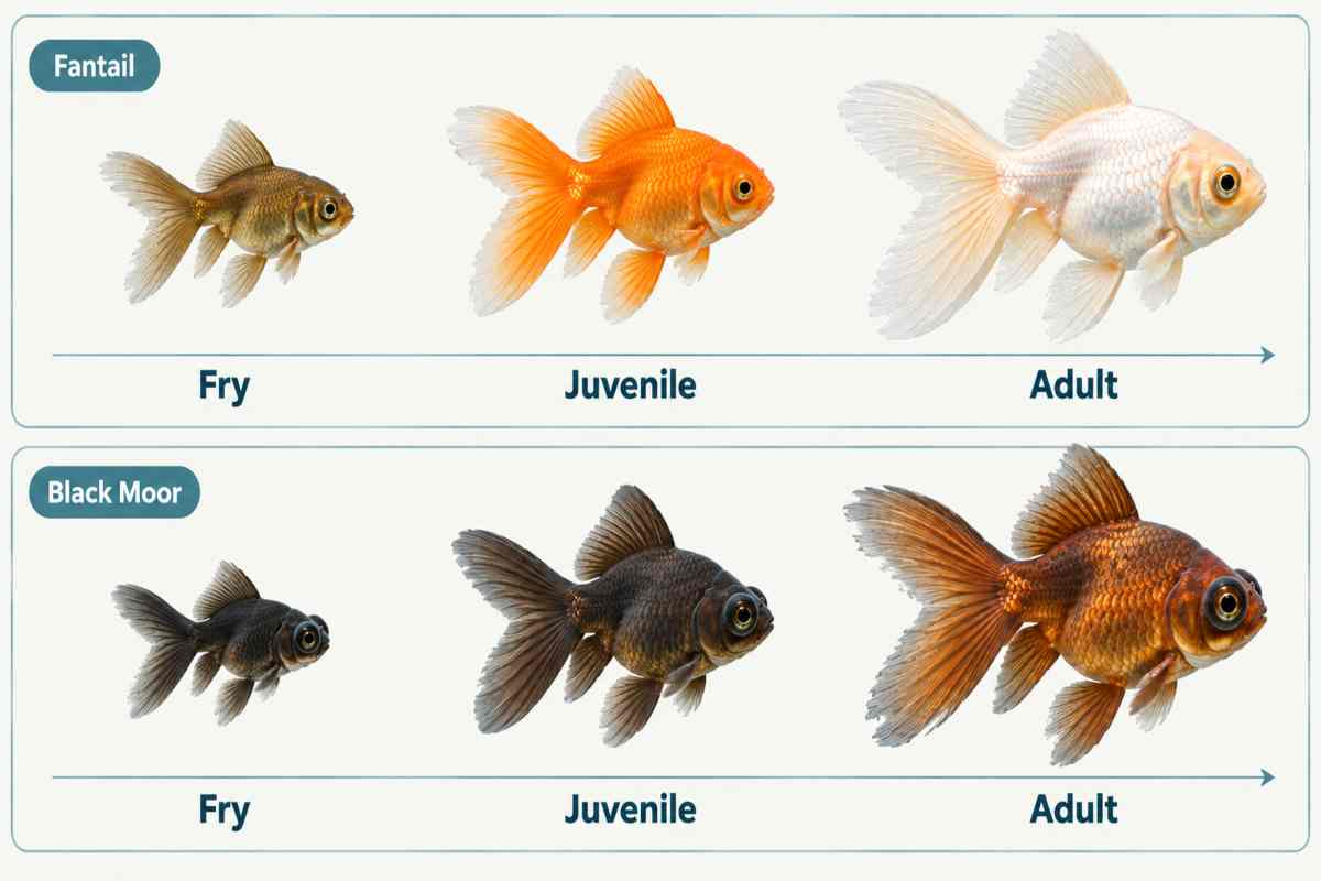 Timeline of a fantail and black moor goldfish changing color with age