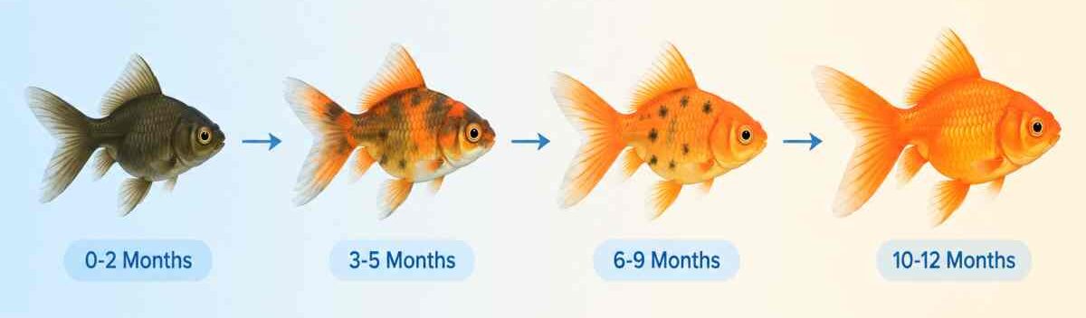 Timeline of a goldfish's color change from dark juvenile to orange adult.