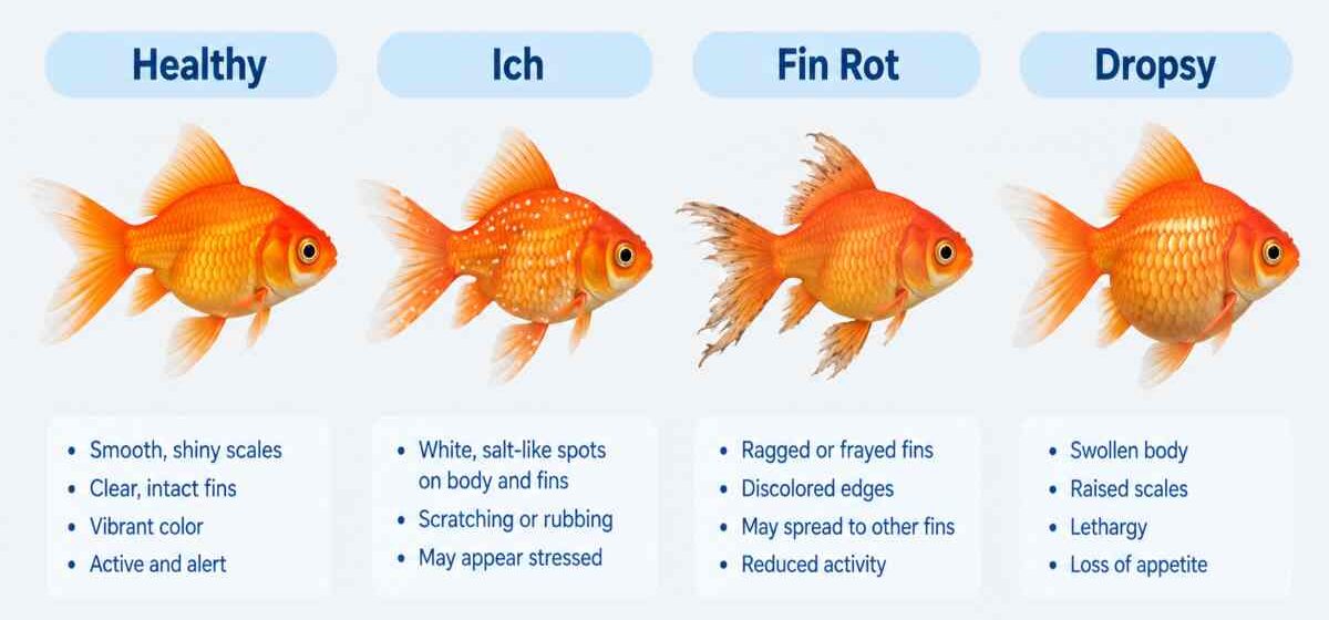Comparison of a healthy goldfish next to goldfish showing ich, fin rot, and dropsy symptoms.