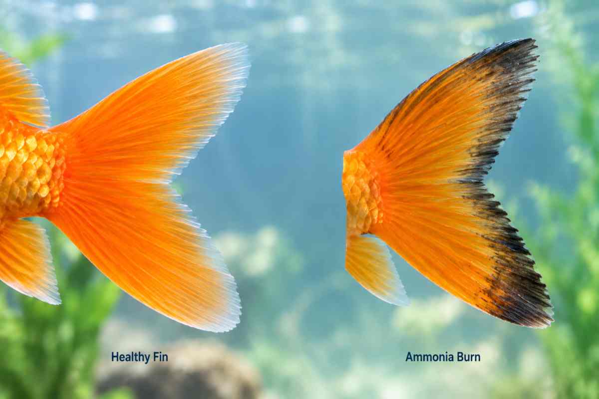Healthy orange goldfish fin next to one with black edging from ammonia burn.
