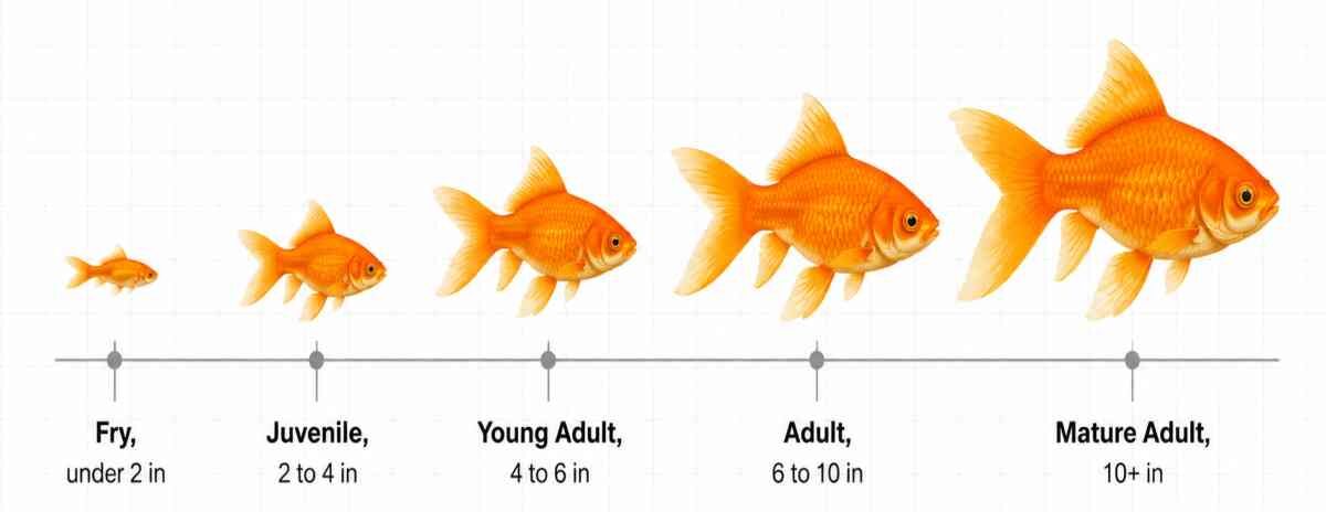 Goldfish growth timeline from fry to mature adult with approximate length at each stage.