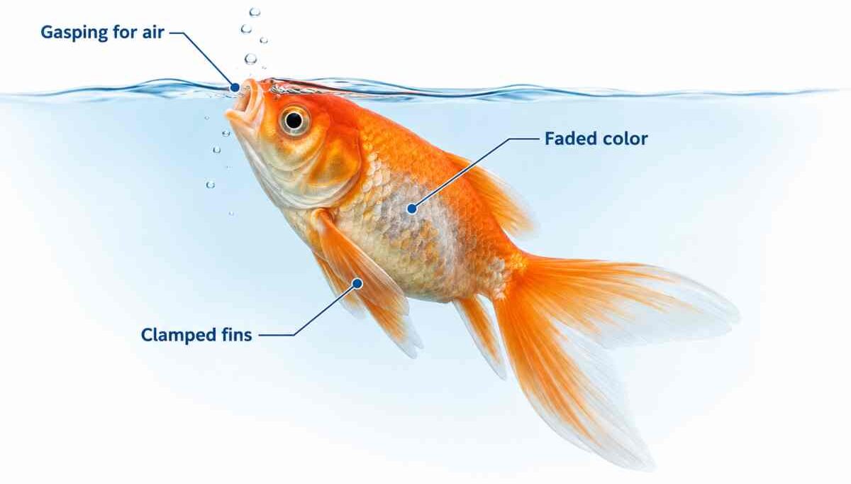 Goldfish at the water surface showing heat stress signs: gasping, clamped fins, and faded color.