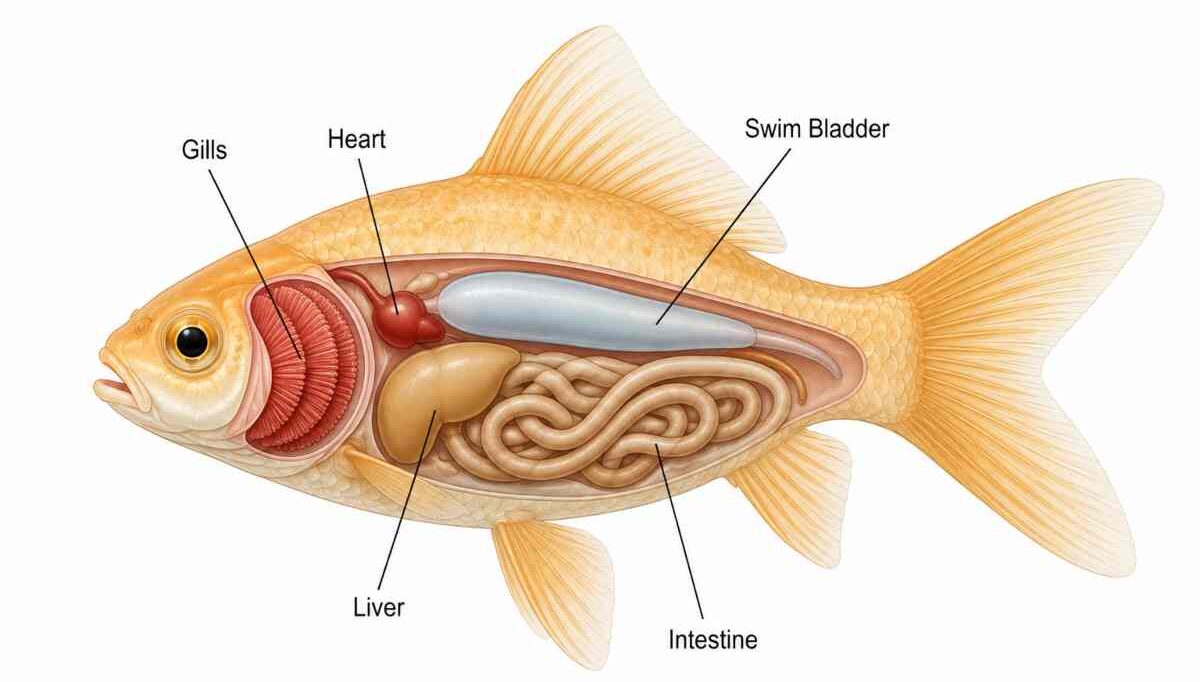 Cutaway diagram of a goldfish showing internal organs including the gills, heart, liver, intestine, and swim bladder.