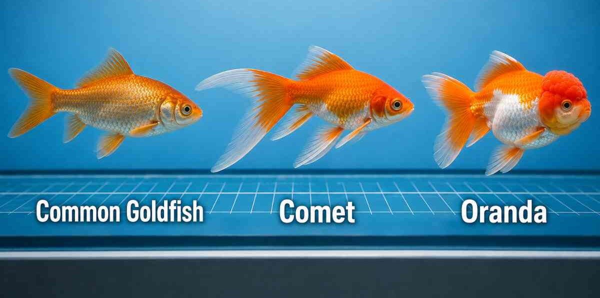 Common goldfish, Comet, and Oranda compared side by side to show adult size differences.