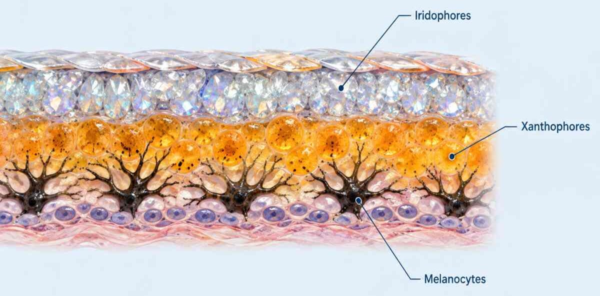 Diagram of goldfish skin showing melanocyte, xanthophore, and iridophore pigment cells.