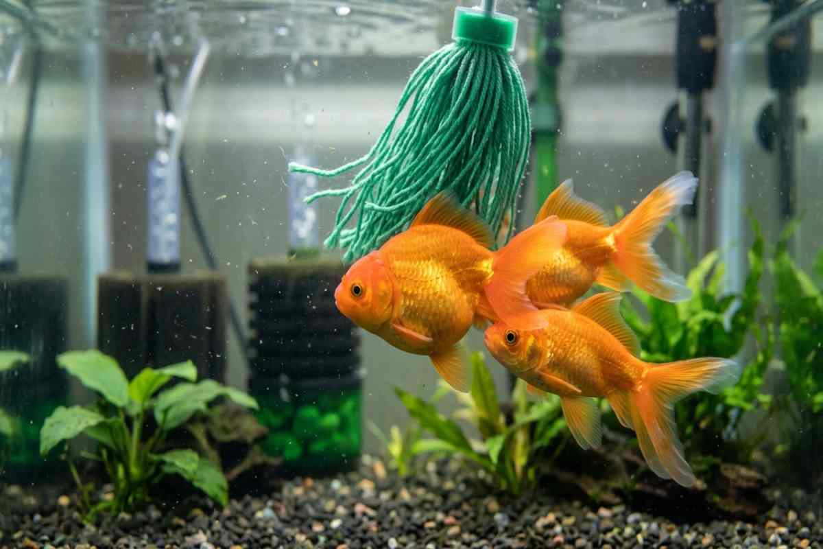 Male goldfish chasing a female near a spawning mop during active spawning behavior.