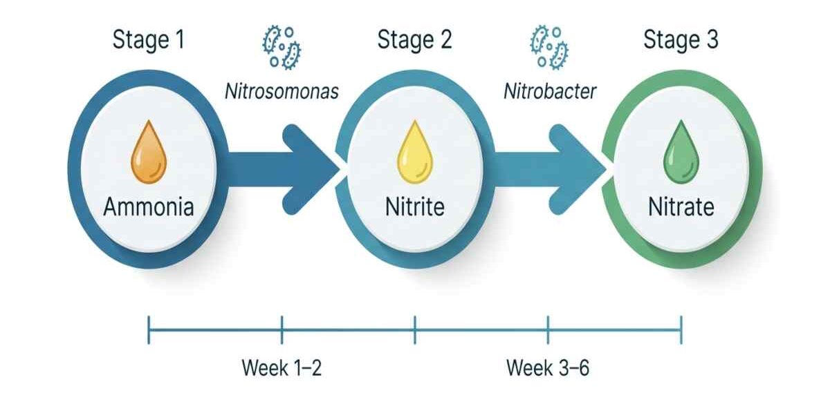 Nitrogen cycle diagram showing ammonia converting to nitrite to nitrate over six weeks in a goldfish tank.