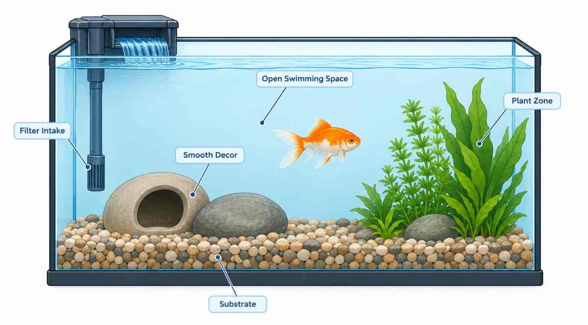 Labeled diagram of a properly set up goldfish tank showing filter, substrate, decor, and plant zones.