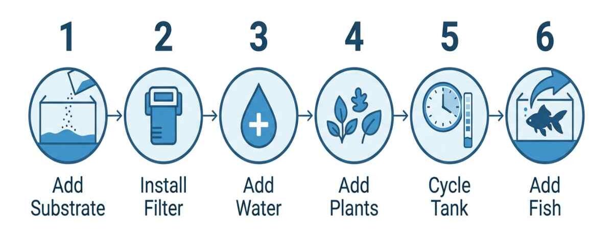 Six-step infographic for setting up a goldfish tank, from adding substrate to introducing fish.