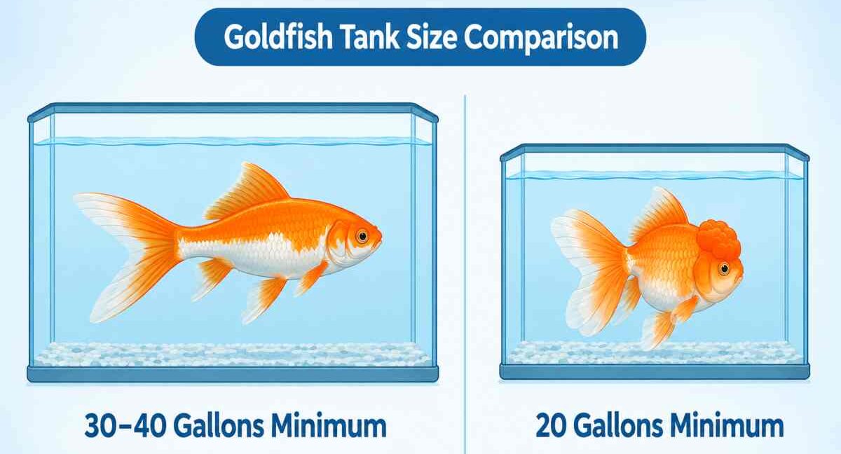 Infographic comparing minimum tank sizes for common goldfish (30–40 gallons) and fancy goldfish (20 gallons).