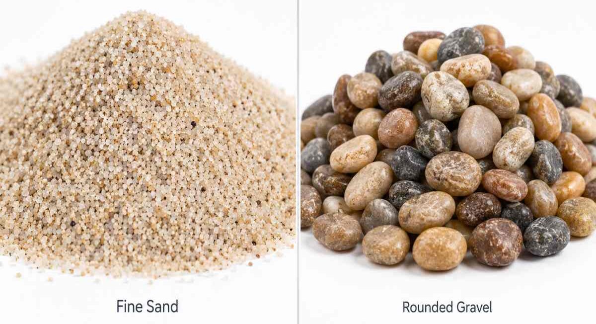 Close-up comparison of fine sand and rounded gravel used as goldfish aquarium substrate.