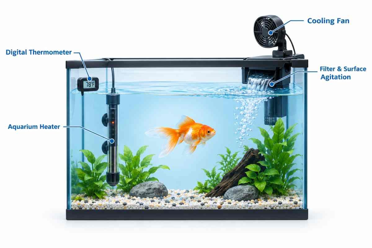 Goldfish aquarium equipment diagram showing thermometer, heater, filter, and cooling fan placement.