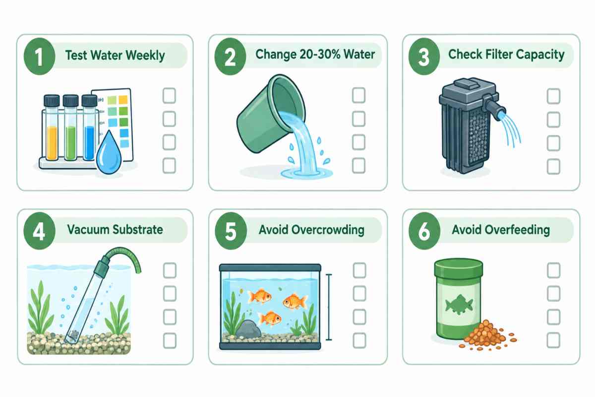 Checklist infographic of six weekly goldfish tank water maintenance steps.