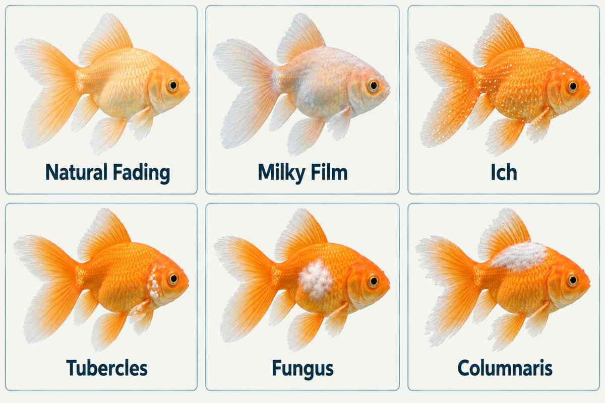 Six goldfish panels showing different types of white markings