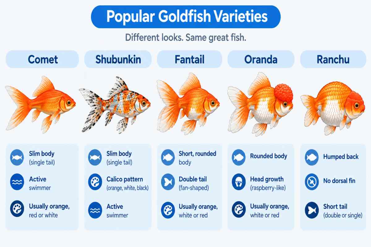 Comparison illustration of five goldfish varieties: Comet, Shubunkin, Fantail, Oranda, and Ranchu.