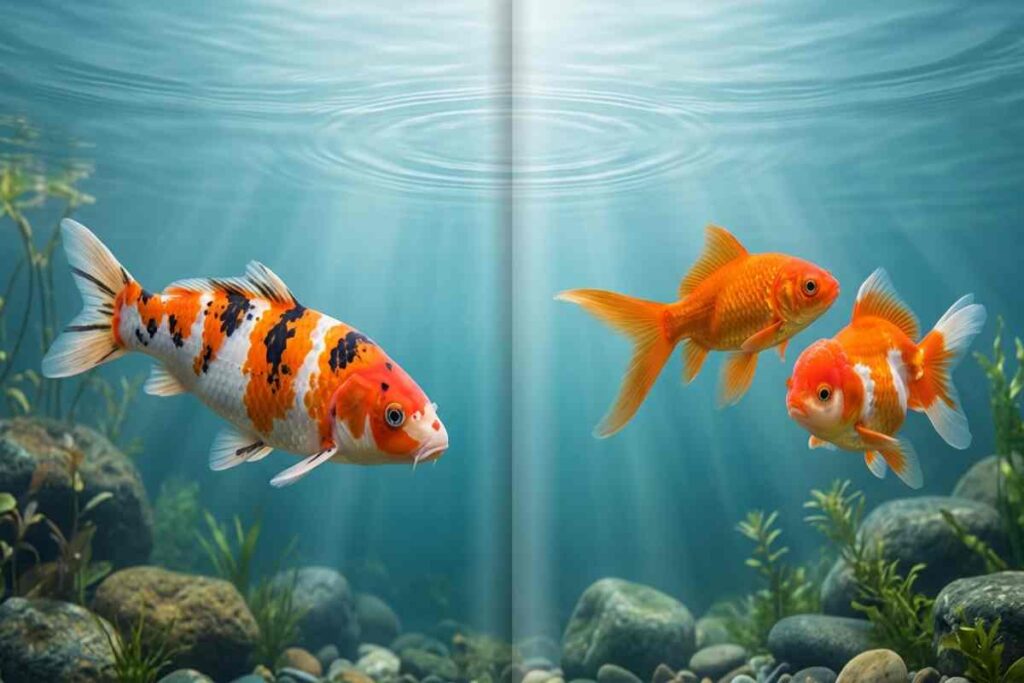 Split image comparing an adult koi and a goldfish in matching pond and aquarium settings.