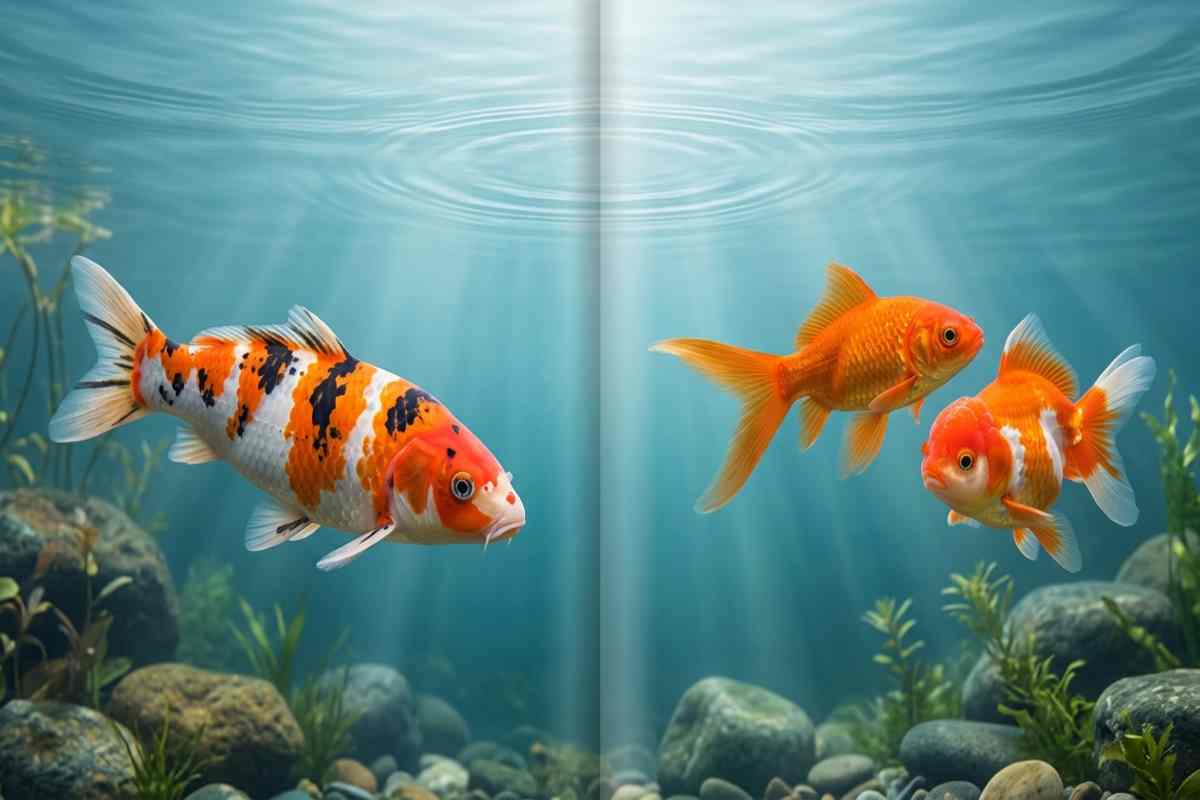 Split image comparing an adult koi and a goldfish in matching pond and aquarium settings.