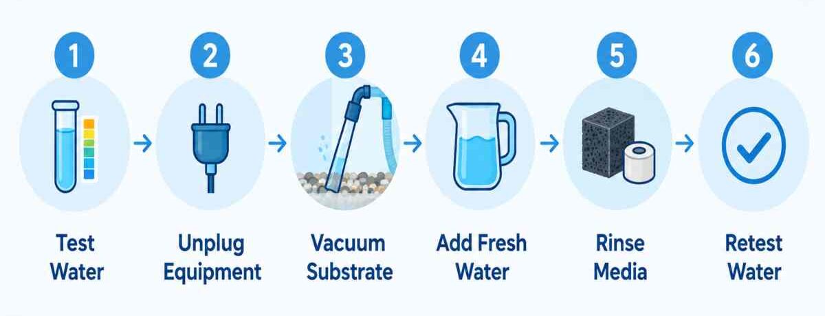Six-step infographic showing the goldfish tank water change process.