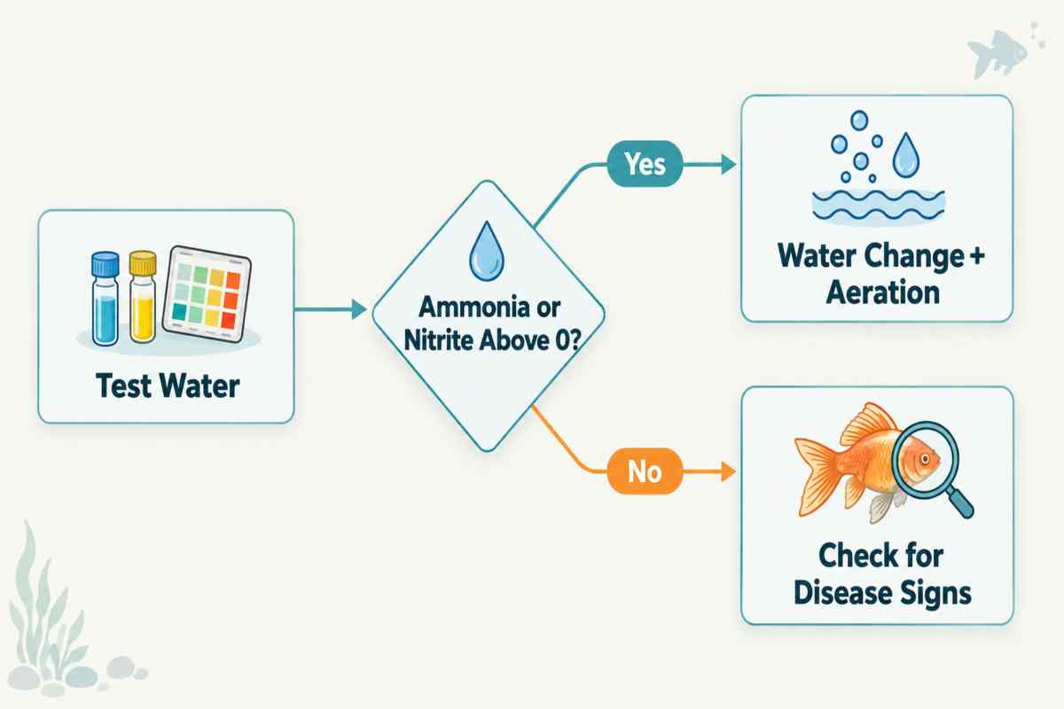 Flowchart for testing goldfish tank water and choosing the next step