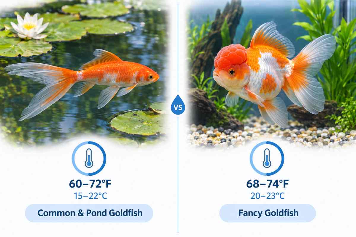 Comparison of ideal water temperature ranges for comet goldfish in ponds and fancy oranda goldfish in indoor aquariums.