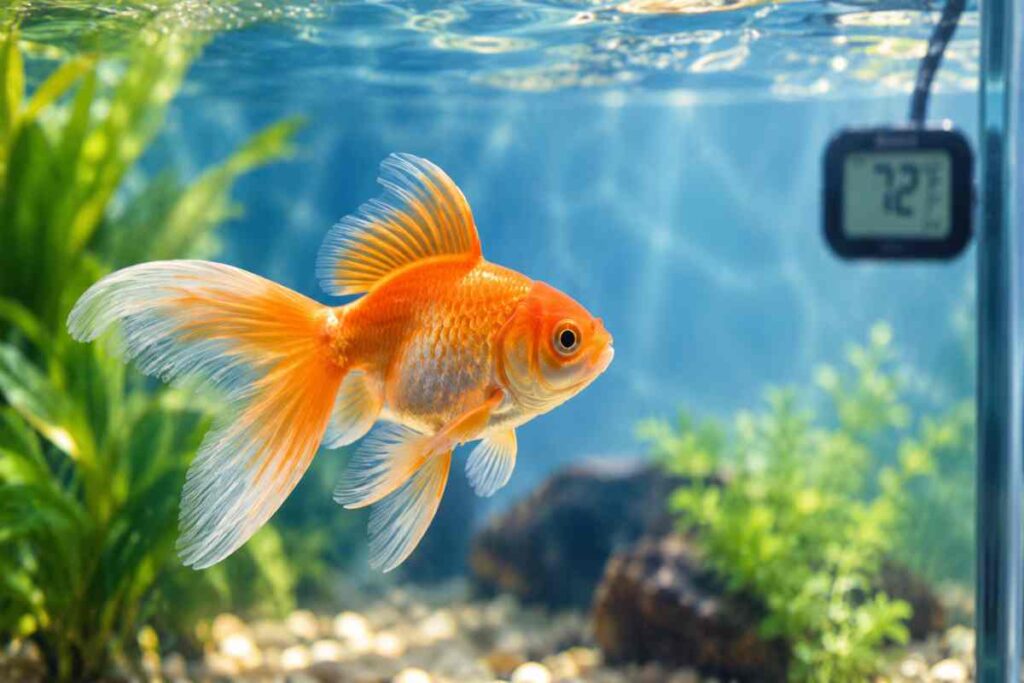 Goldfish swimming in clear water with a thermometer showing ideal aquarium temperature.