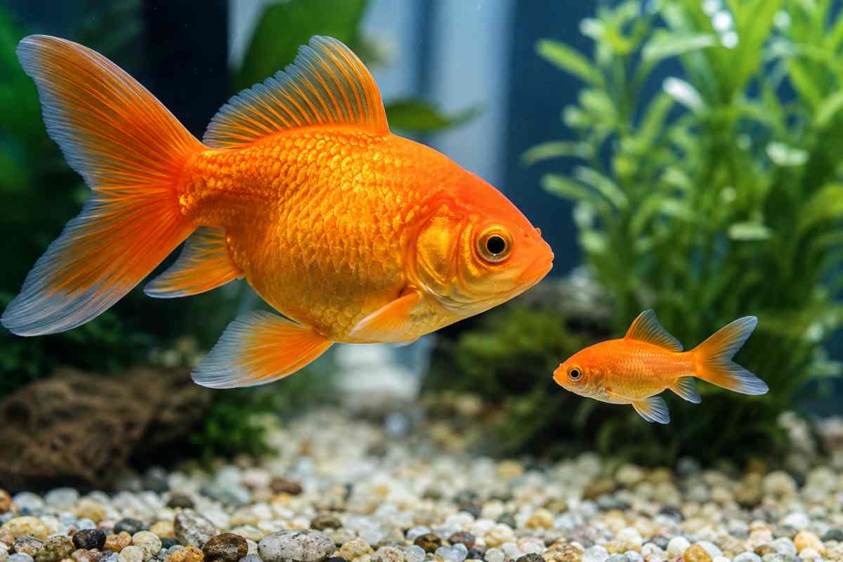 Adult and juvenile goldfish swimming together showing the dramatic difference in size.