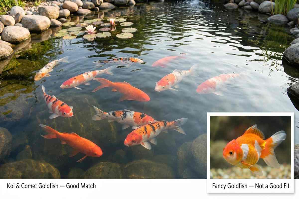 Koi and comet goldfish sharing an outdoor pond, with a fancy goldfish shown as a poor match by comparison.