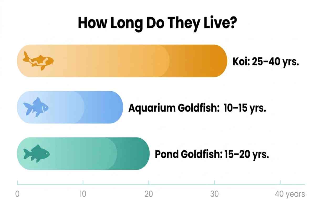 Infographic comparing average lifespan ranges of koi, aquarium goldfish, and pond goldfish.