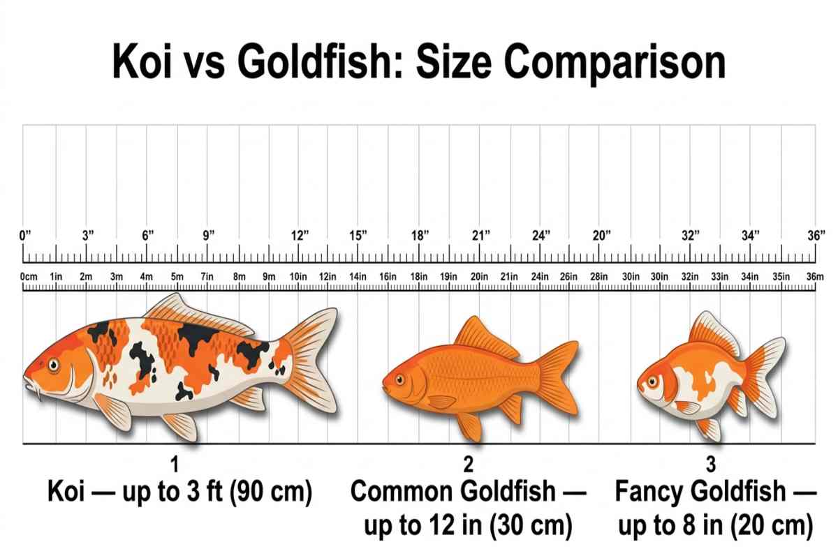 Labeled size comparison of an adult koi, common goldfish, and fancy goldfish drawn to scale.