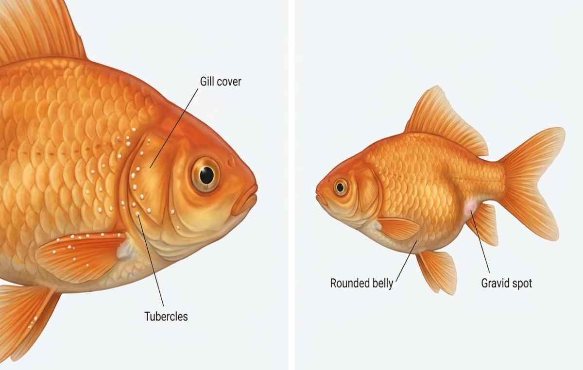 Male goldfish gill tubercles compared to a female goldfish's rounded, egg-filled belly and gravid spot.